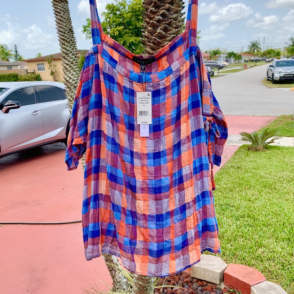 NWT SANCTUARY Plaid Colorful Cold Shoulder Top XL - Picture 1 of 7